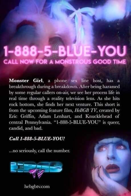 A phone sex operator experiences a personal crisis while sharing her story through a series of television broadcasts. The narrative explores her emotional journey and the complexities of her profession. Listeners can even call the number 1-888-5-BLUE-YOU, as a live person will answer and engage with the story.